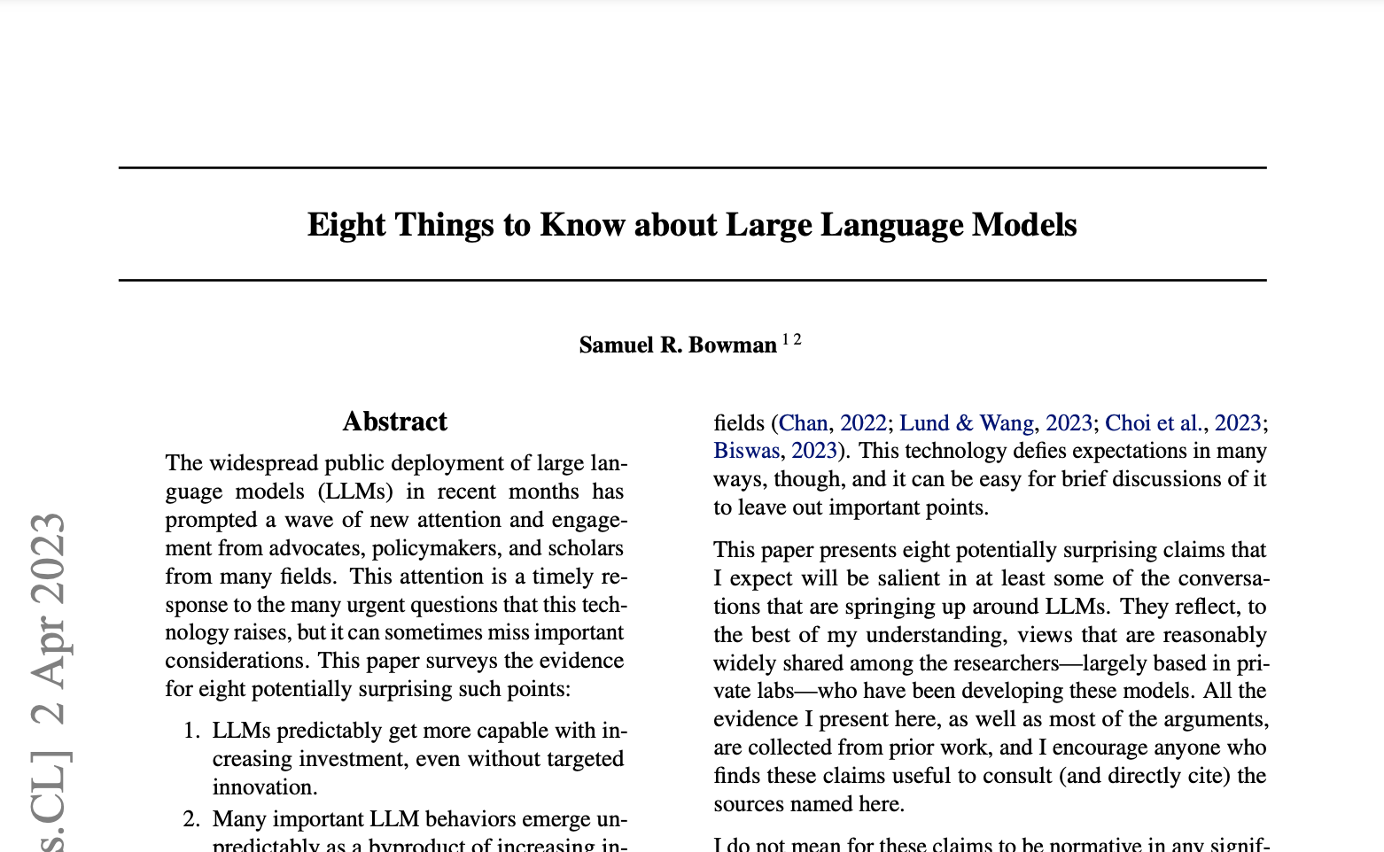 Eight things to know about large language models